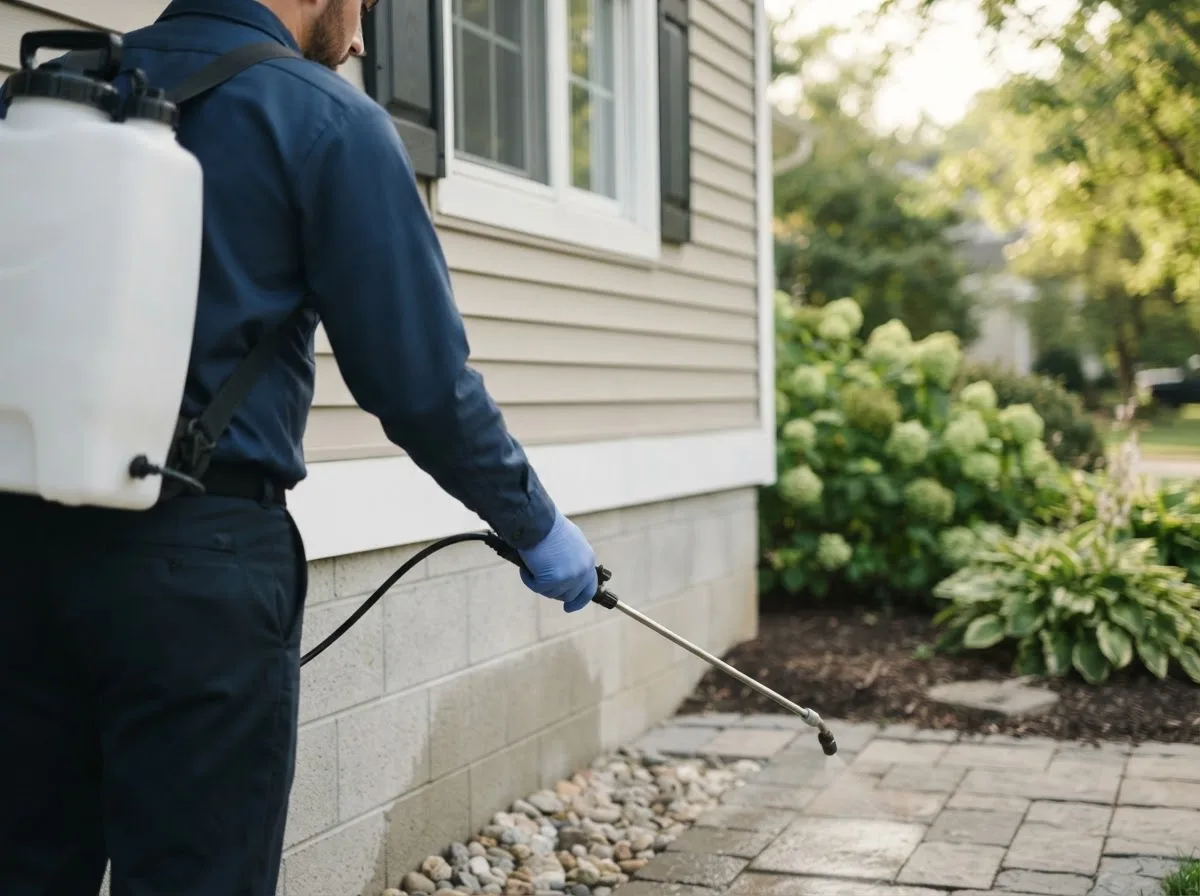 Pest control technician inspecting a home in Reesville, OH